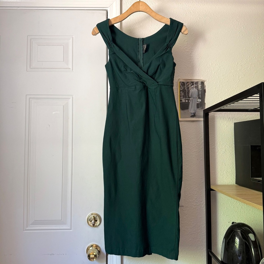 ROCKSTEADY emerald green mod pinup retro surplice sleeveless bodycon midi dress